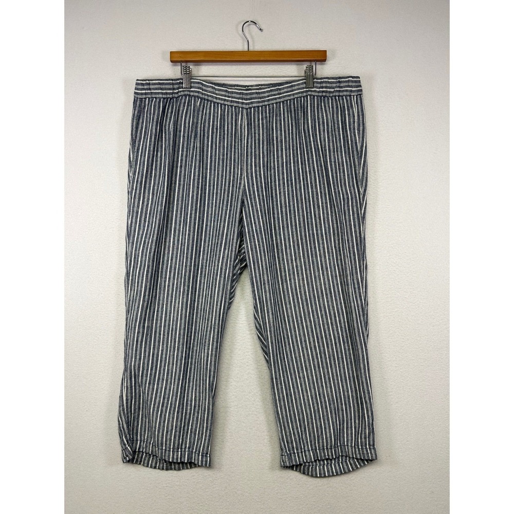 Coastal Old Navy Women XL Blue Striped Linen Blend Elastic Waist Cropped Pants
